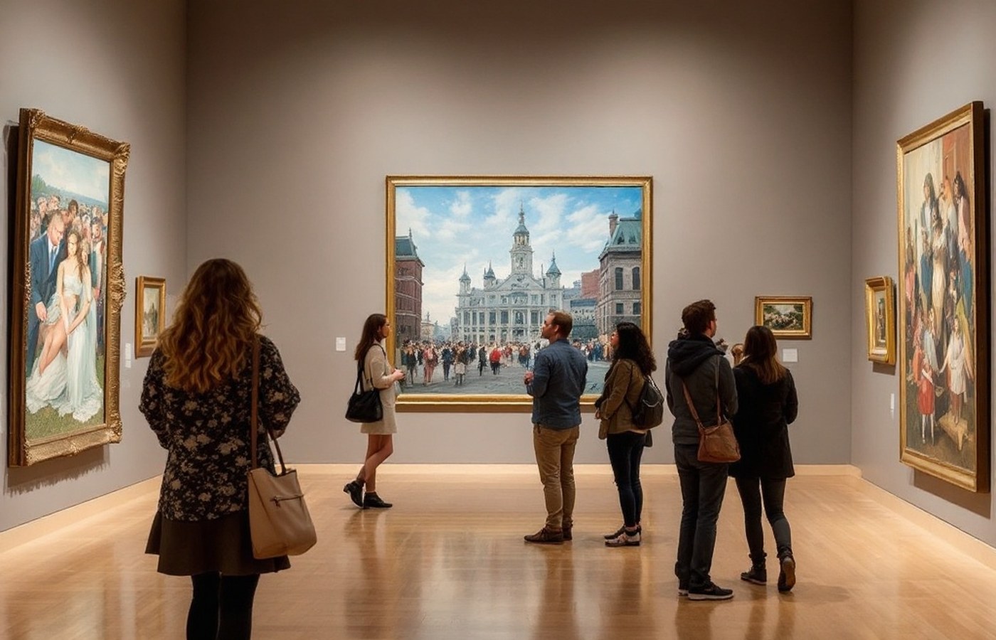 Visitors gather in a gallery to view gilt-framed paintings, including a cityscape and group portraits